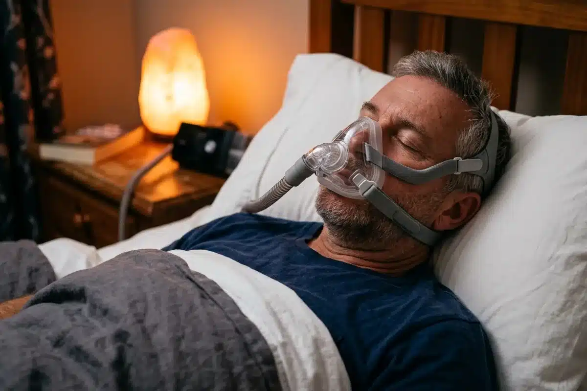 Acceptation du masque CPAP avec sérénité Homme allongé avec masque CPAP, veilleuse orange, air serein, hypnose pour mieux tolérer l'appareillage du sommeil