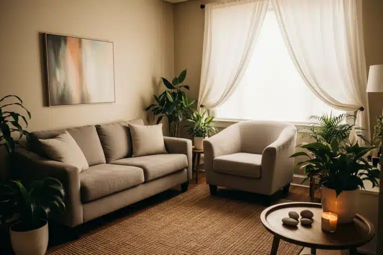 Hypnose et addiction à la drogue : cabinet d'hypnothérapie chaleureux avec canapé et fauteuil, lumière naturelle douce