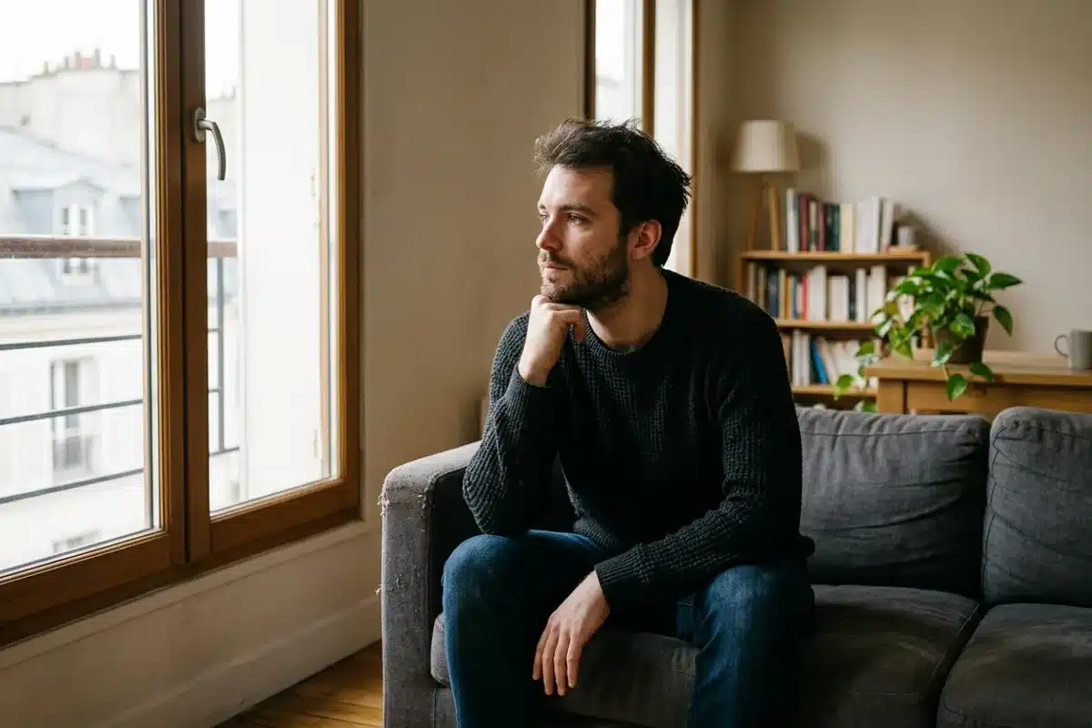 Dépendance à la drogue, un homme en réflexion Homme d'une trentaine d'années en pleine réflexion sur sa dépendance à la drogue, près d'une fenêtre