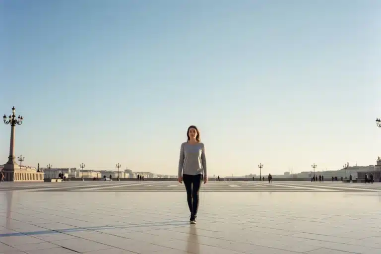 Hypnose agoraphobie : femme qui traverse calmement une vaste place ouverte sous un grand ciel dégagé