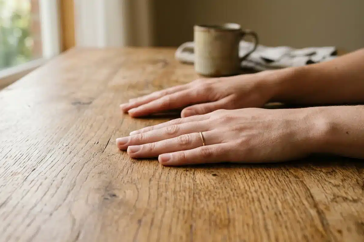 Apaisement émotionnel lors d'une séance d'hypnose Deux mains posées calmement sur une table, symbolisant l'apaisement émotionnel recherché lors d'une séance d'hypnose