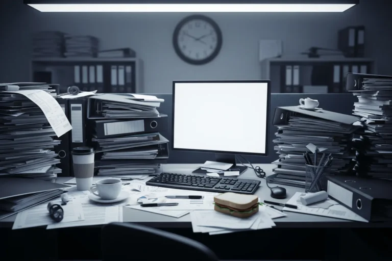 Bureau encombré en fin de journée, illustrant le risque d'épuisement professionnel et de burn-out