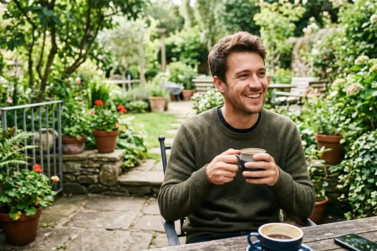 Auto-hypnose au quotidien pour entretenir l'estime de soi Jeune homme détendu dans un jardin matinal avec une tasse de café, illustrant la pratique quotidienne de l'auto-hypnose