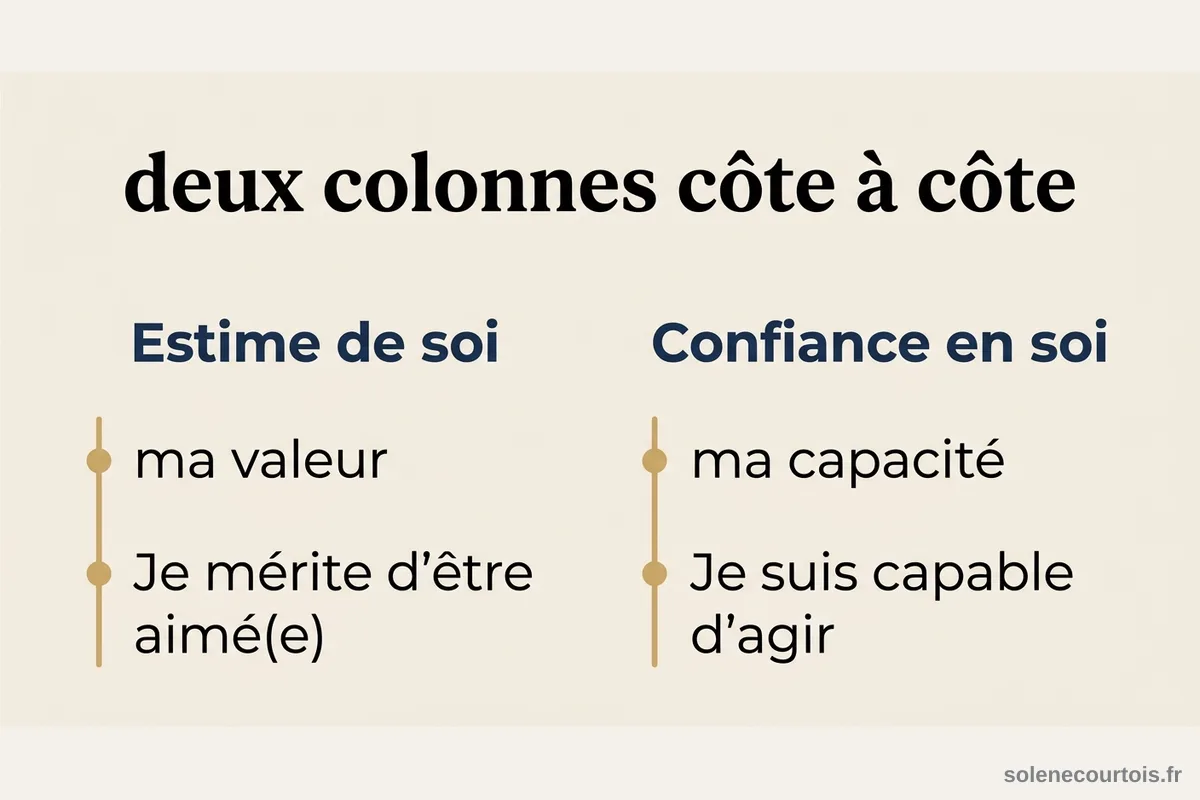 Différence entre estime de soi et confiance en soi, infographie Infographie comparant estime de soi (ma valeur, je mérite d'être aimé) et confiance en soi (ma capacité, je suis capable d'agir)