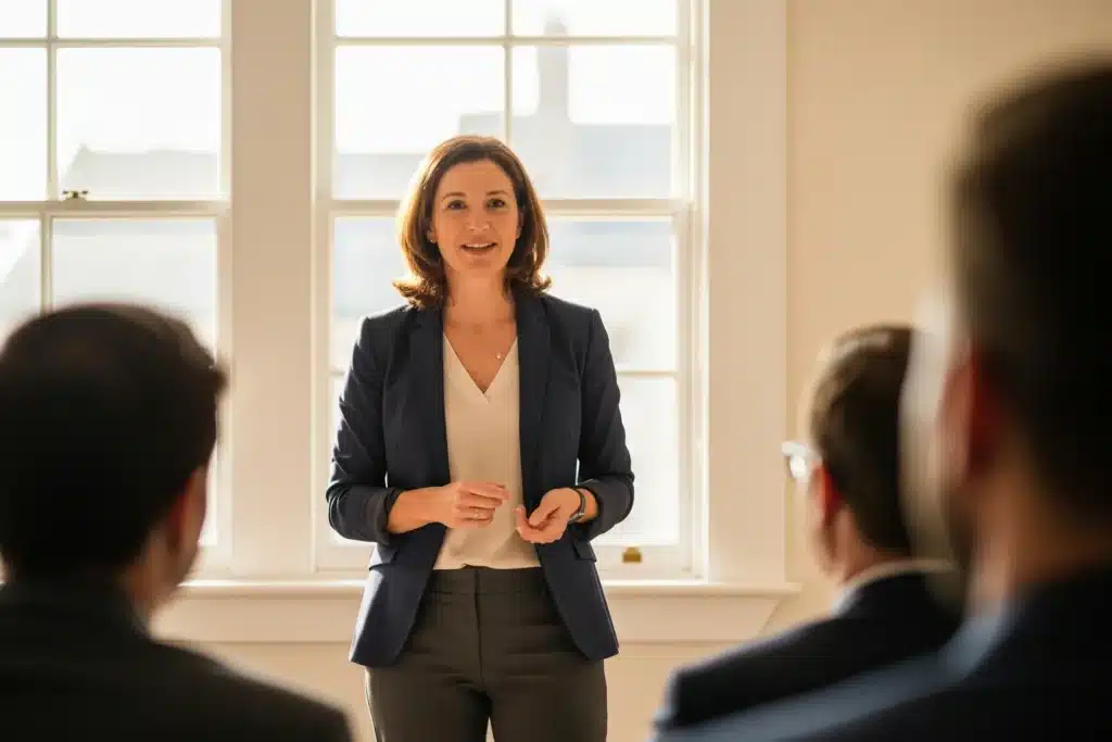 Femme présentant avec confiance devant un auditoire attentif, hypnose pour parler en public