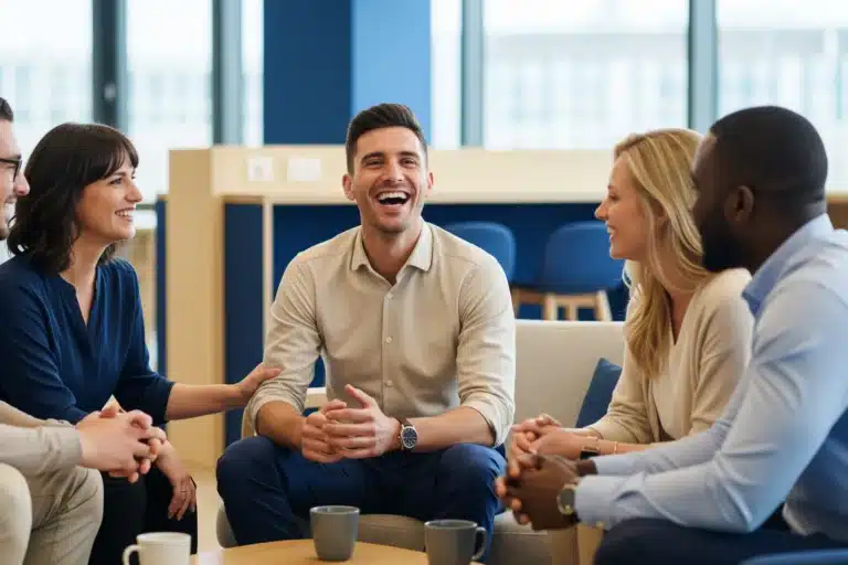 Hypnose phobie sociale : groupe de collègues souriants qui échangent avec aisance dans un bureau lumineux