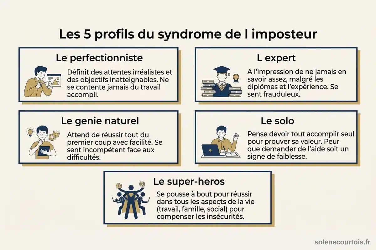 Les 5 profils du syndrome de l'imposteur Infographie des 5 profils du syndrome de l'imposteur : le perfectionniste, l'expert, le génie naturel, le solo et le super-héros