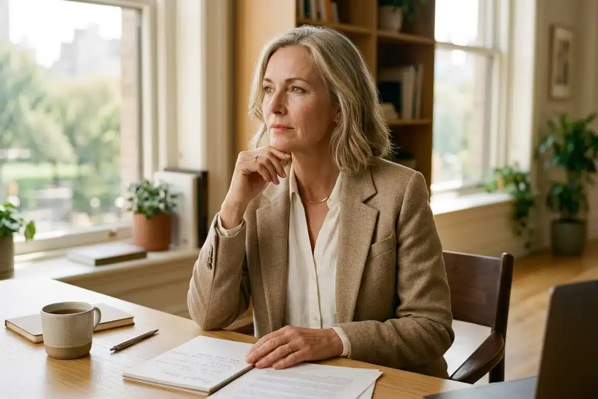 Cadre en réflexion - hypnose et syndrome de l'imposteur Femme cadre pensive assise à un bureau, regardant par la fenêtre, illustrant le travail intérieur permis par l'hypnose