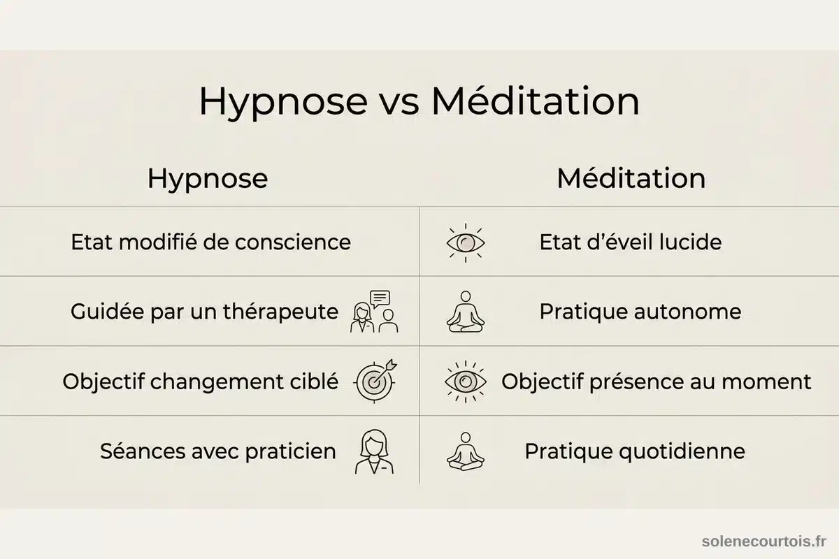 Tableau comparatif hypnose et méditation Infographie comparant hypnose et méditation sur quatre dimensions : état de conscience, guidé, objectif et pratique