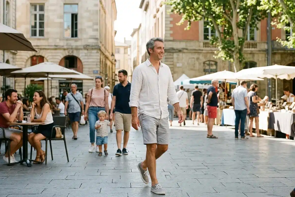 Liberté sociale retrouvée après hypnose Homme aux cheveux gris marchant librement sur une place provençale animée, aisance sociale retrouvée