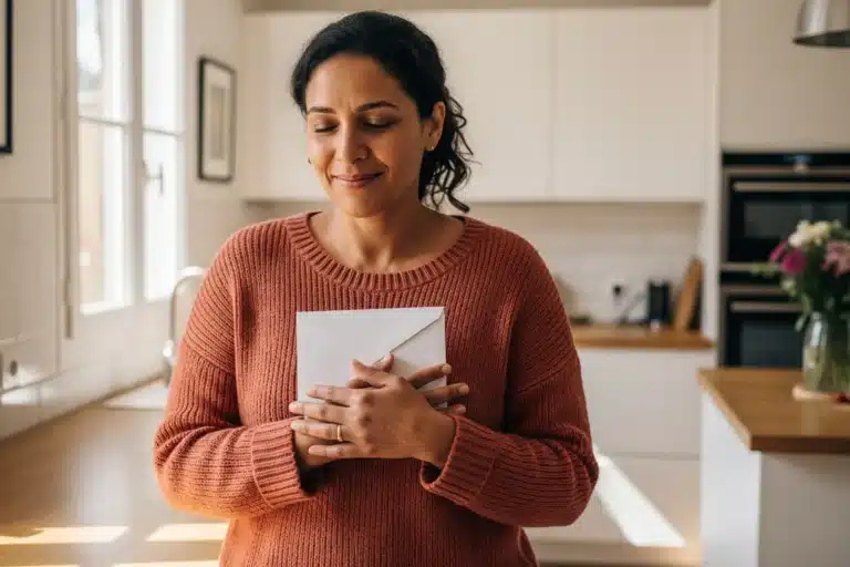 Femme d'origine nord-africaine tenant une enveloppe blanche avec une expression sereine et soulagée dans une cuisine lumineuse