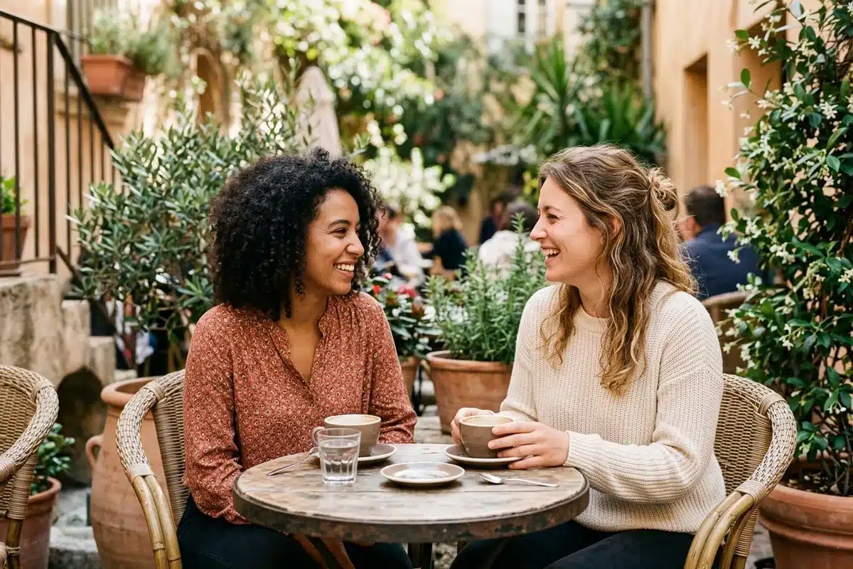 Échange amical et détendu en terrasse Deux amies qui rient en discutant à la terrasse d'un café entouré de verdure