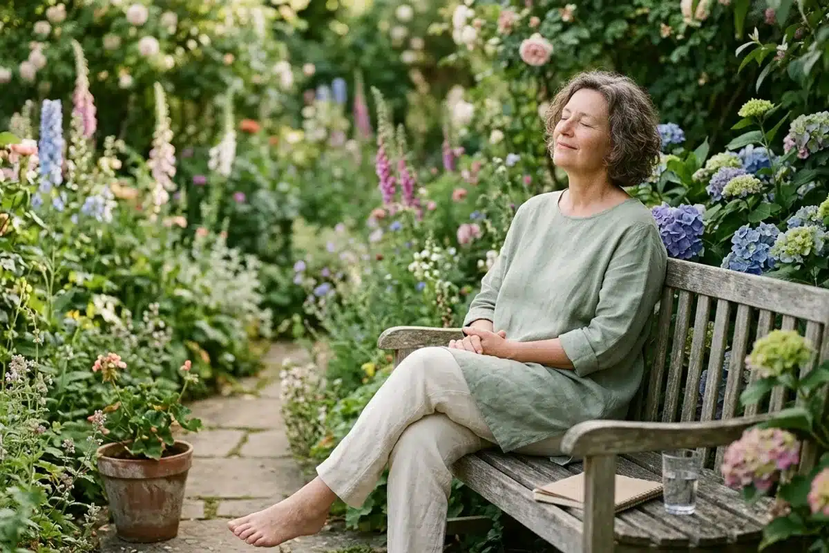 Personne sereine dans un jardin après un accompagnement en hypnose Personne détendue et paisible dans un jardin, illustrant les bénéfices de l'hypnose pour prévenir les crises d'angoisse