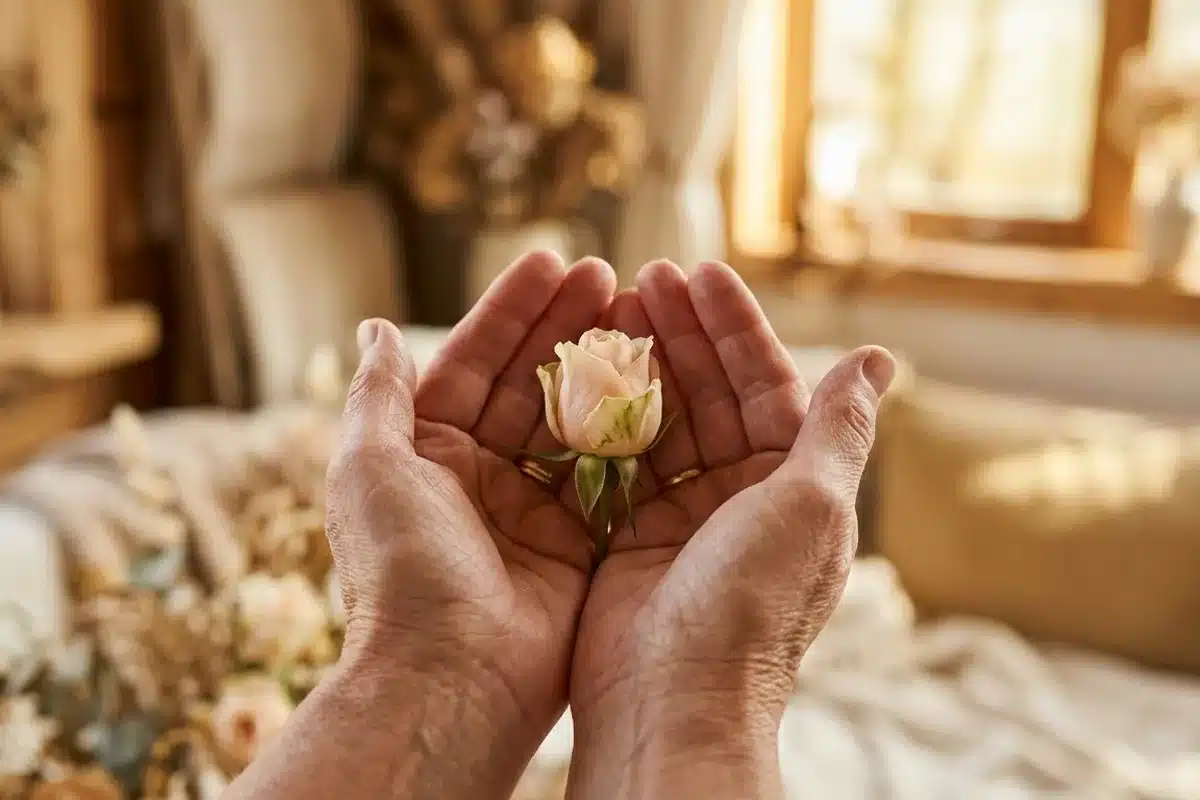Fleur s'ouvrant symbolisant la renaissance après le deuil Mains tenant un bourgeon de fleur qui s'ouvre, symbole d'espoir et de reconstruction après la perte