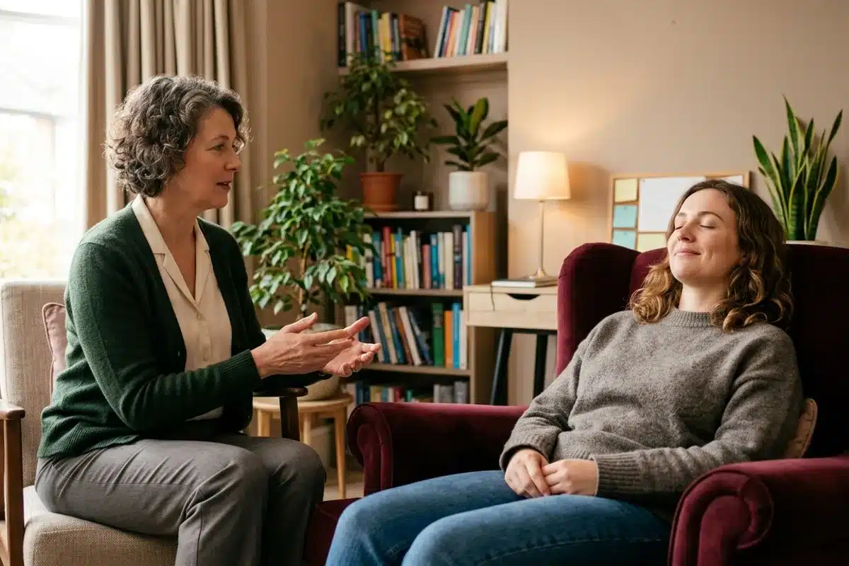 Séance d'hypnose pour accompagner une addiction aux drogues Séance d'hypnose : praticienne et patiente détendue en fauteuil, accompagnement addiction au cannabis ou à la cocaïne