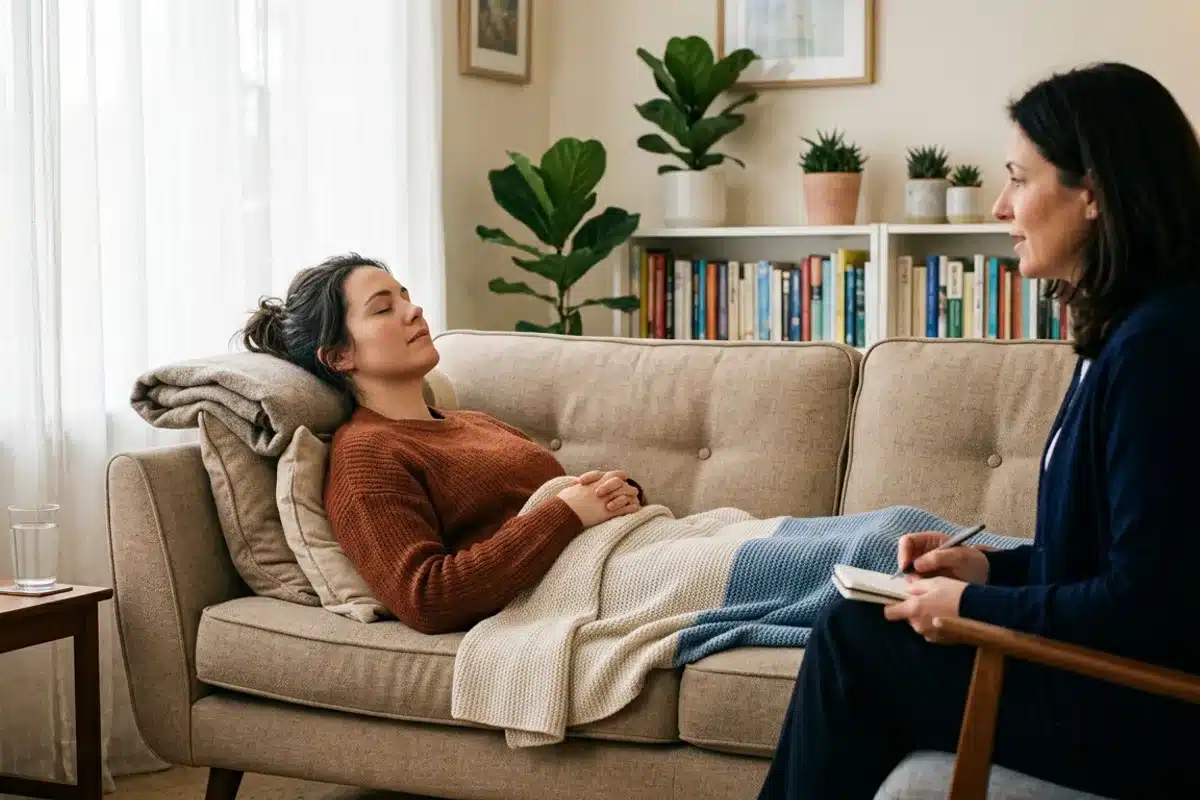 Séance d'hypnose pour la gestion du stress et du poids Femme en état de relaxation lors d'une séance d'hypnothérapie pour la gestion du poids et du stress chronique