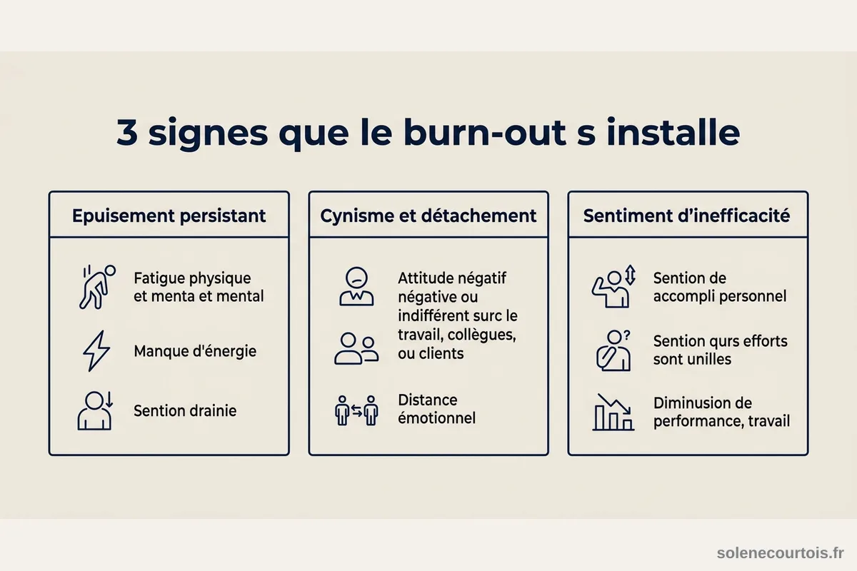 Infographie - 3 signes que le burn-out s'installe Infographie sur les 3 signes d'alerte du burn-out : épuisement persistant, cynisme et sentiment d'inefficacité