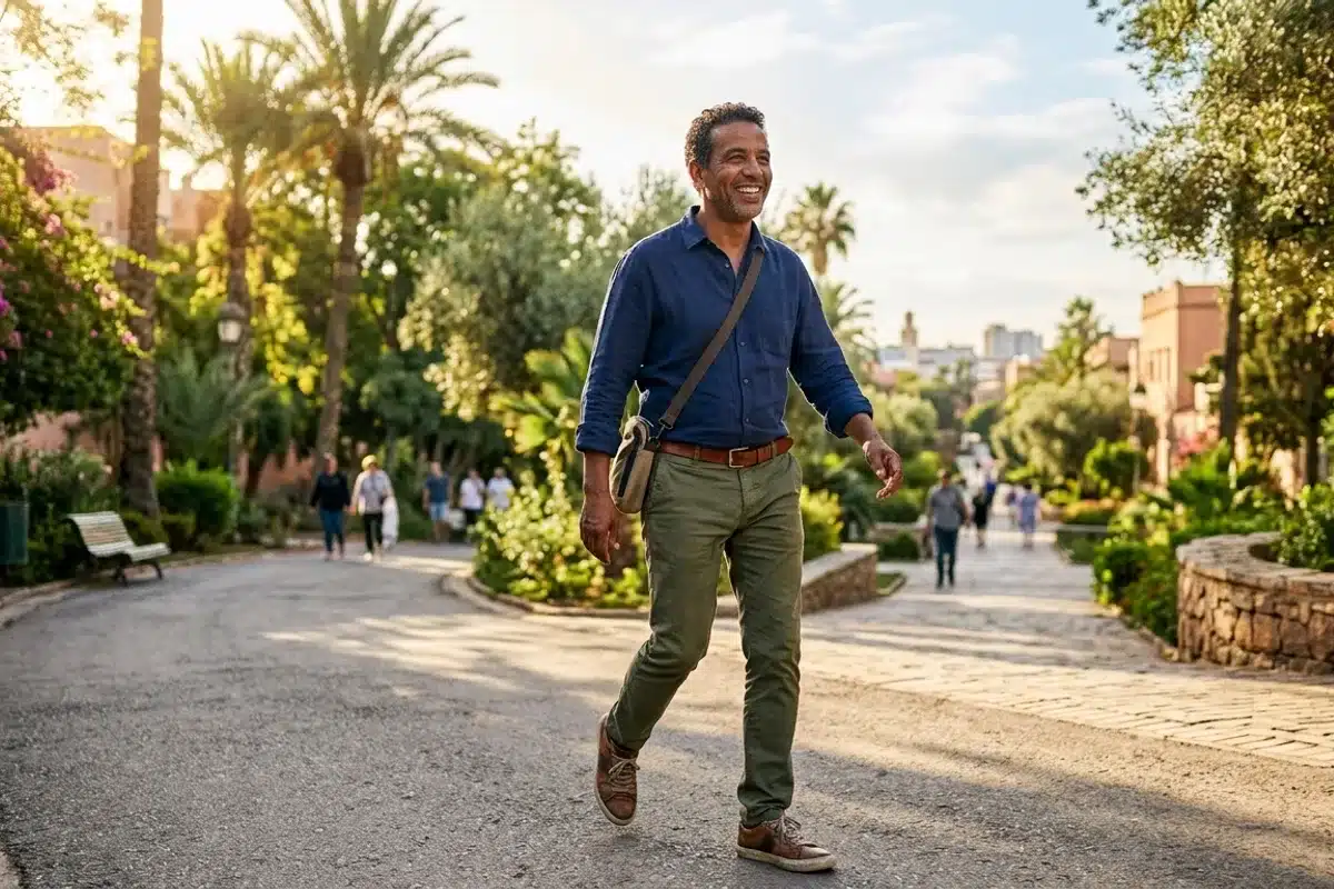 Regain d'énergie grâce à un meilleur sommeil Homme marchant en plein air dans un parc ensoleillé, souriant, illustrant le regain d'énergie lié à un meilleur sommeil