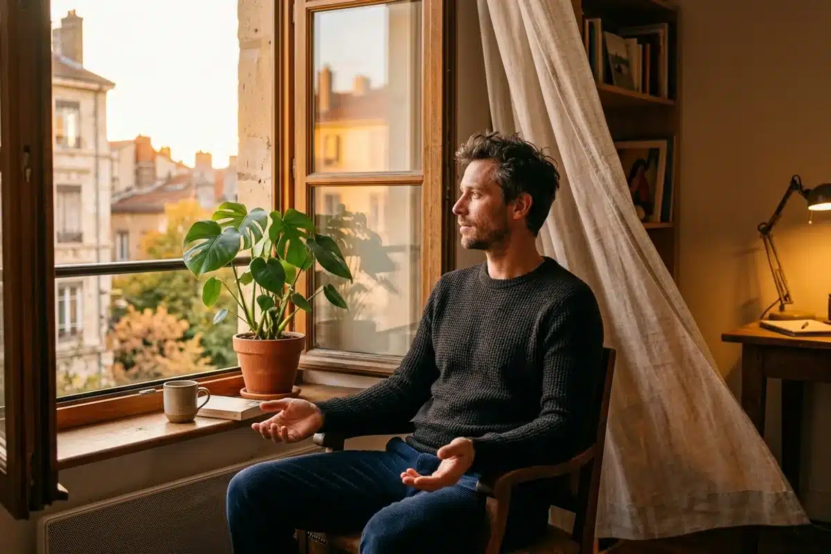 Auto-hypnose et pause consciente près d'une fenêtre ouverte Homme assis près d'une fenêtre ouverte au coucher du soleil, mains posées ouvertes sur les genoux, pratiquant une pause consciente d'auto-hypnose