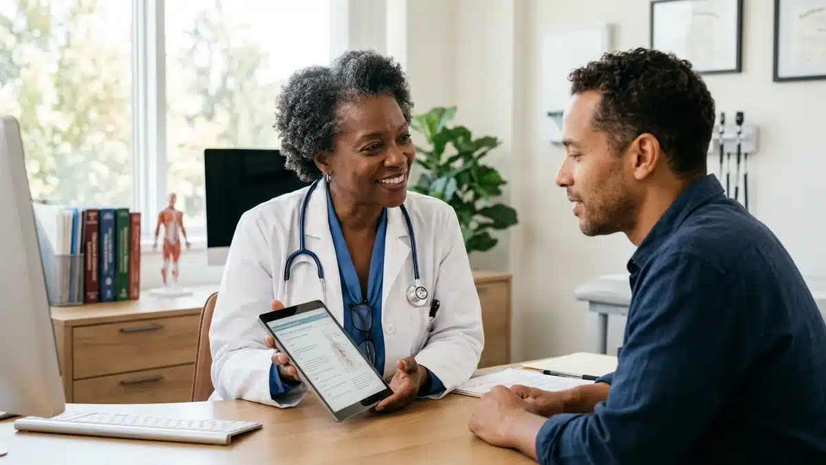 Patient en consultation médicale avec son médecin traitant avant de commencer une hypnothérapie