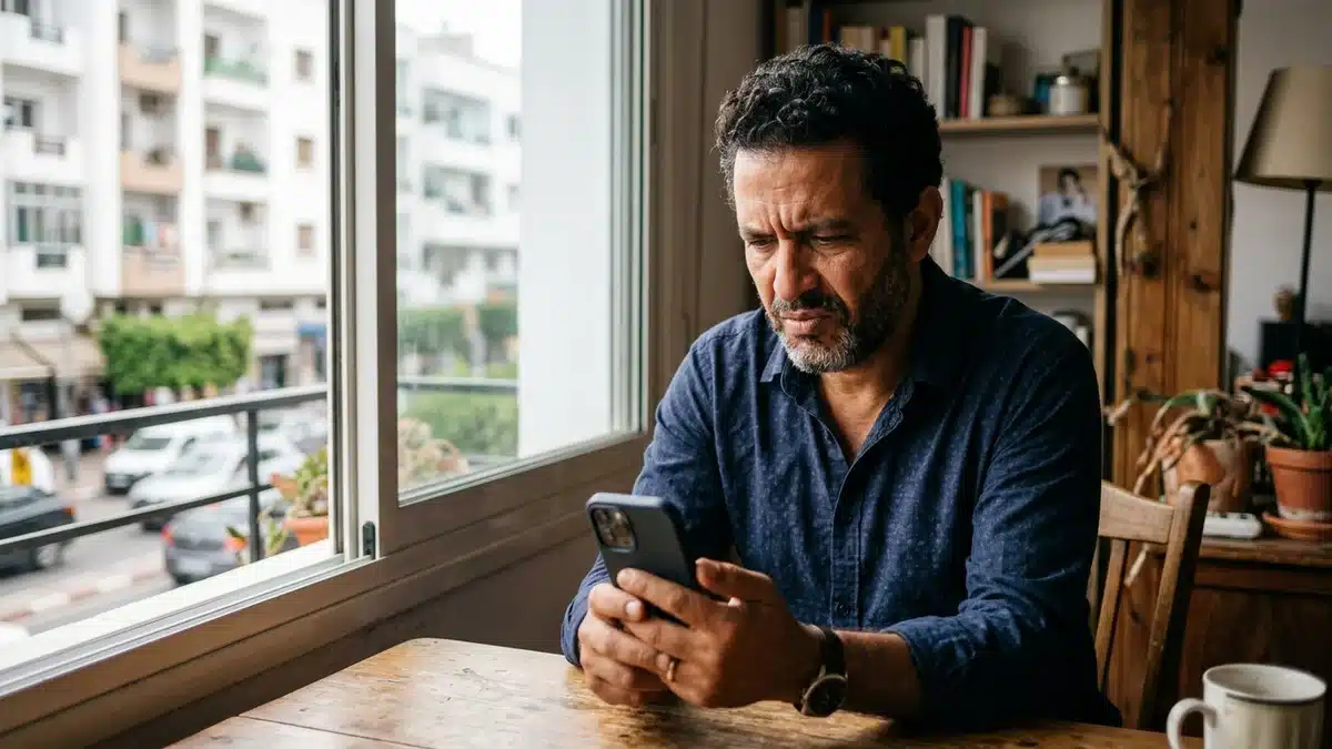 Personne sceptique vérifiant les informations d'un thérapeute en ligne avant de prendre rendez-vous