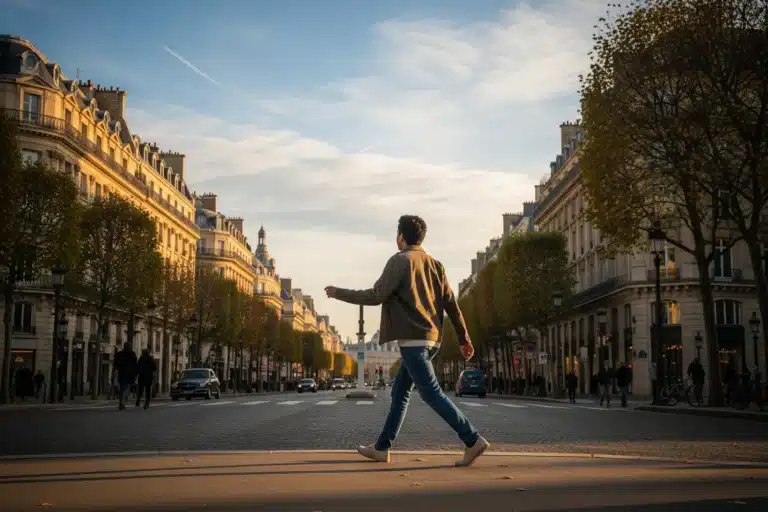 Personne marchant avec assurance dans une rue haussmannienne parisienne, lumière dorée