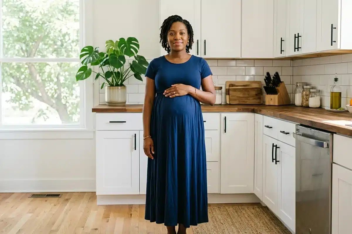 Nausées de grossesse au premier trimestre, femme enceinte Femme enceinte debout dans une cuisine lumineuse, main sur le ventre, expression sereine