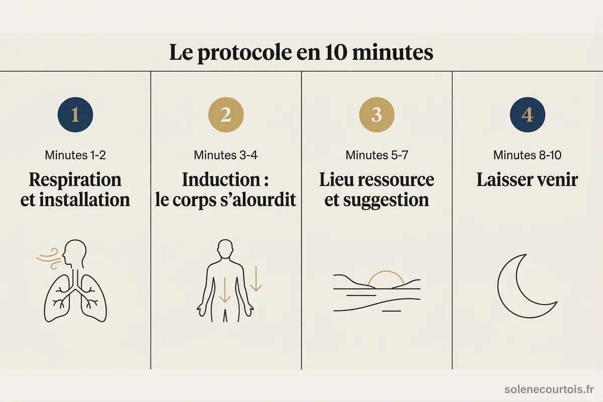 Protocole d’auto-hypnose pour s’endormir en 4 étapes (10 minutes) Infographie du protocole d’auto-hypnose pour s’endormir en 10 minutes, en 4 étapes minutées : respiration et installation, induction, lieu ressource et suggestion, laisser venir