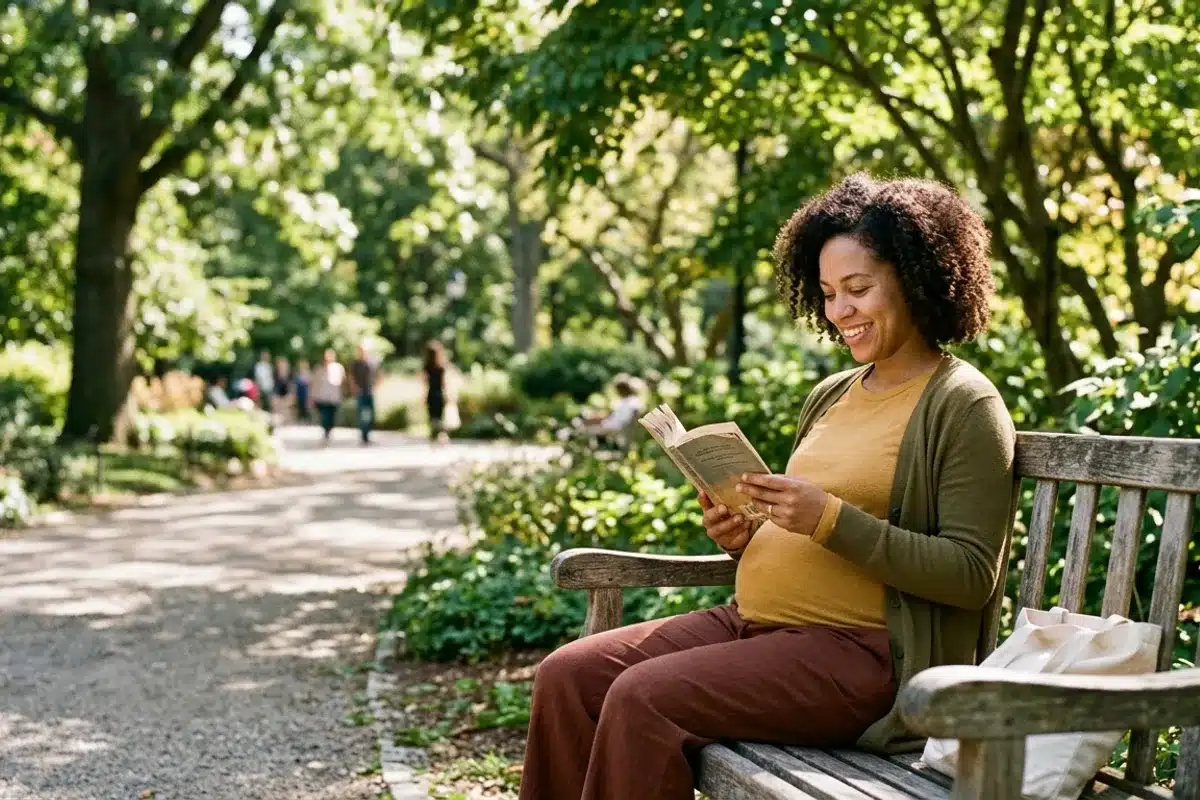 Séance hypnose grossesse - détente en extérieur Femme enceinte assise sur un banc de parc au soleil, détendue, lisant un livre