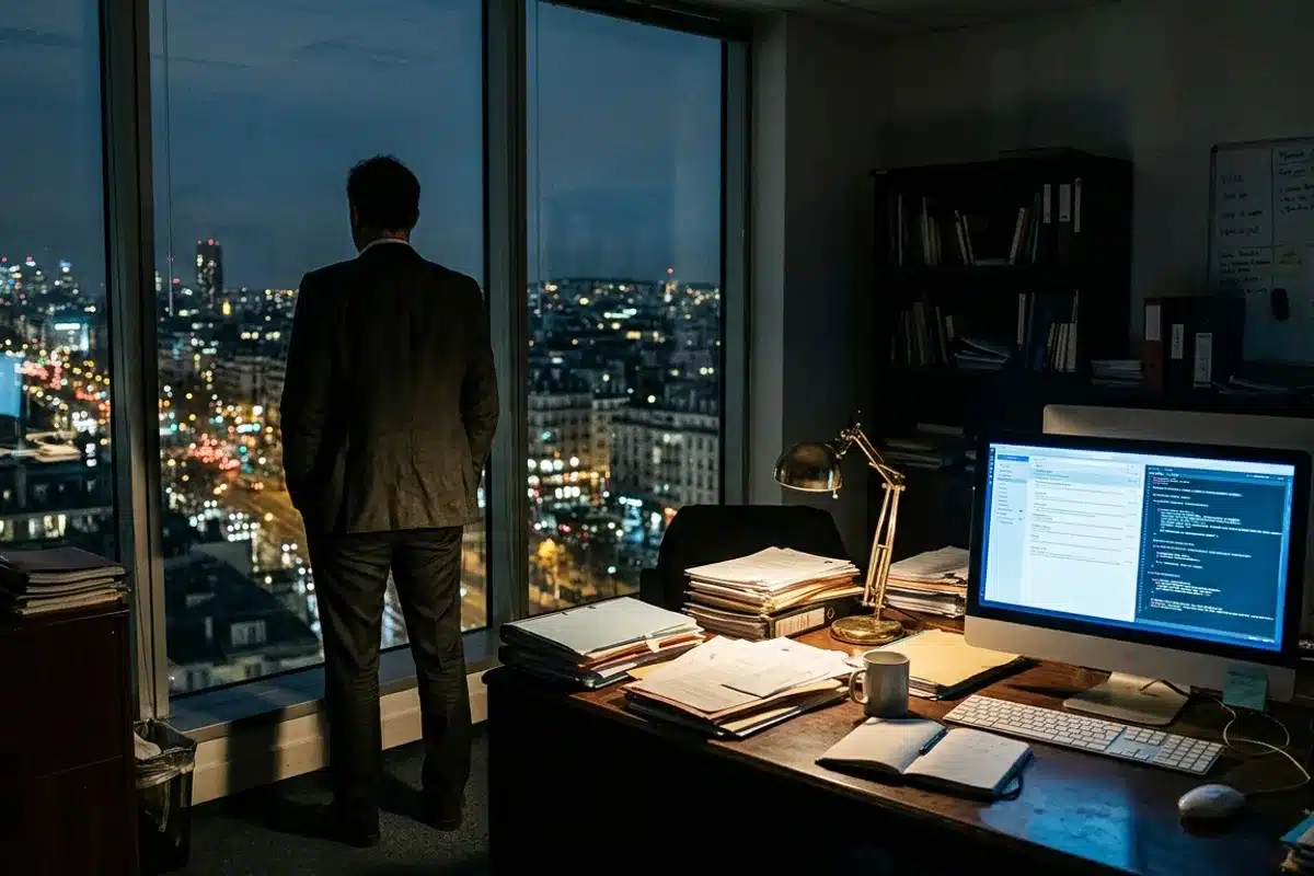 Stress professionnel accumulé en fin de journée de travail Silhouette d'un cadre debout devant une fenêtre de bureau la nuit, illustrant l'accumulation du stress professionnel