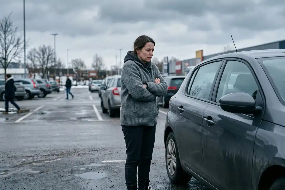 Amaxophobie : comportement d evitement face a la voiture Femme hesitant a monter dans sa voiture dans un parking hivernal, bras croises