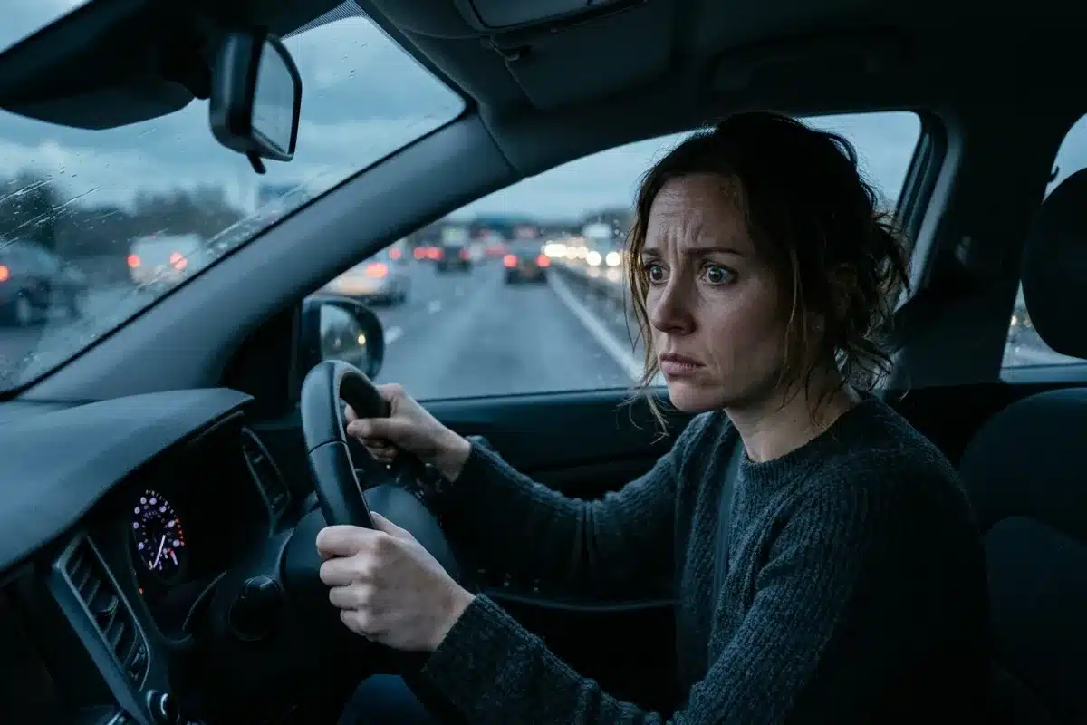 Amaxophobie : anxiete au volant sur autoroute Femme manifestant de l anxiete au volant sur une autoroute sous la pluie