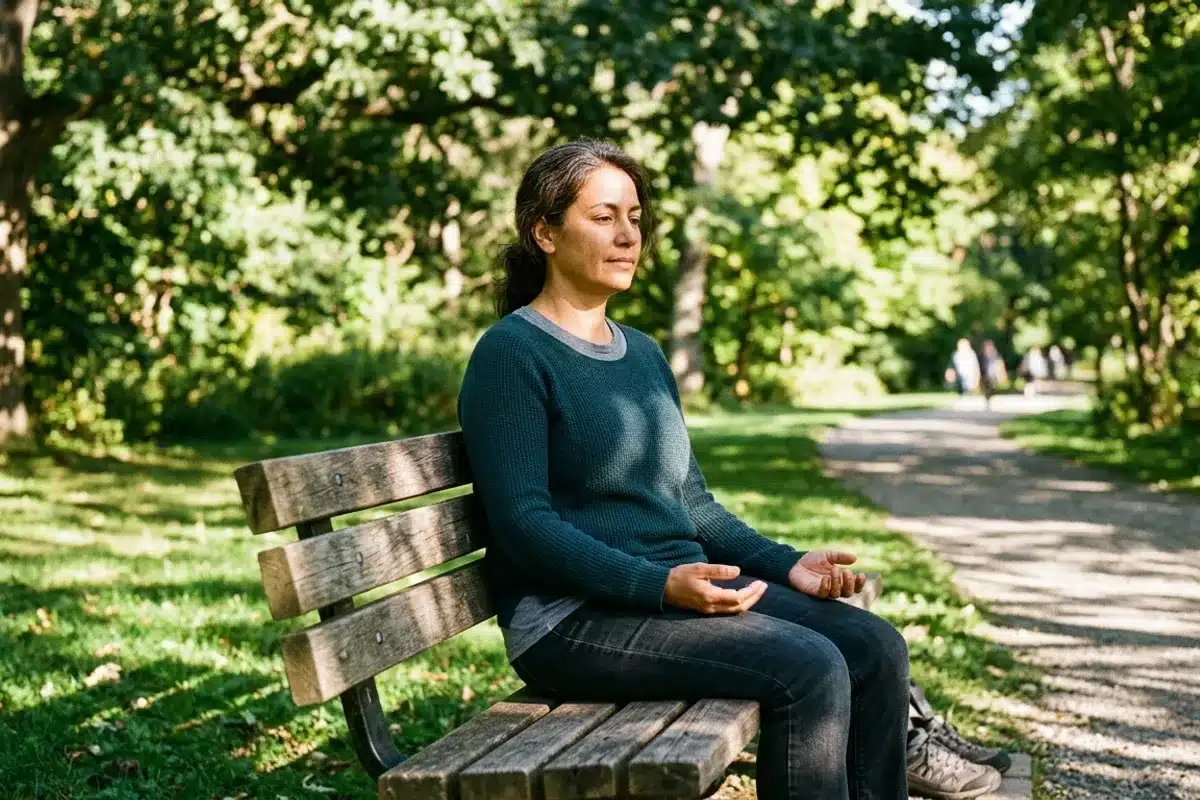 Auto-hypnose et cohérence cardiaque : outils du quotidien pour gérer la claustrophobie Femme assise dans un parc ensoleillé, yeux légèrement baissés dans un état de calme actif, pratique de l'auto-hypnose et de la cohérence cardiaque contre la claustrophobie