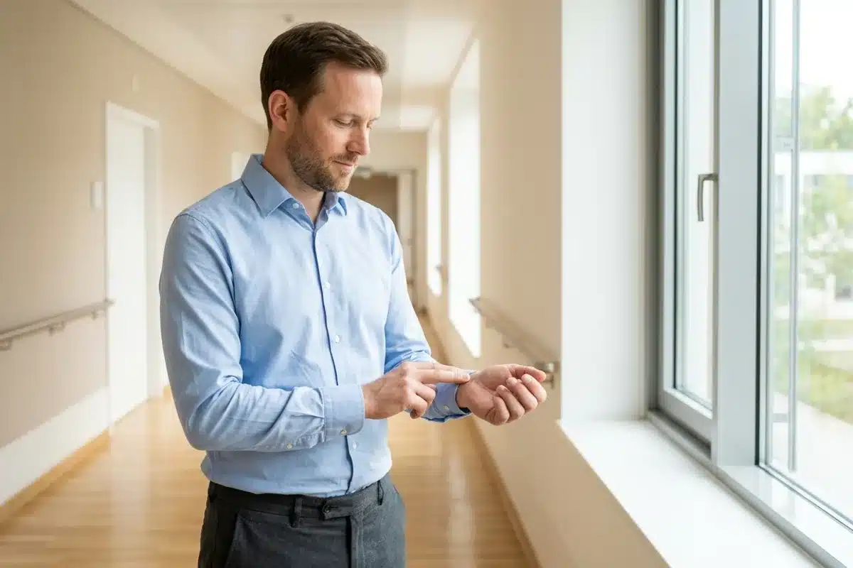 Technique d'ancrage hypnothérapeutique contre la claustrophobie lors d'un examen IRM Homme appuie doucement son pouce sur son poignet dans un couloir lumineux, technique d'ancrage hypnothérapeutique pour gérer la claustrophobie en situation médicale