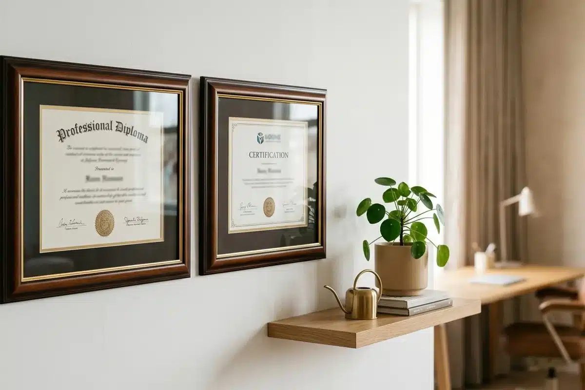 Diplômes et certifications encadrés sur un mur blanc, symbole des qualifications d'un praticien en hypnothérapie reconnu