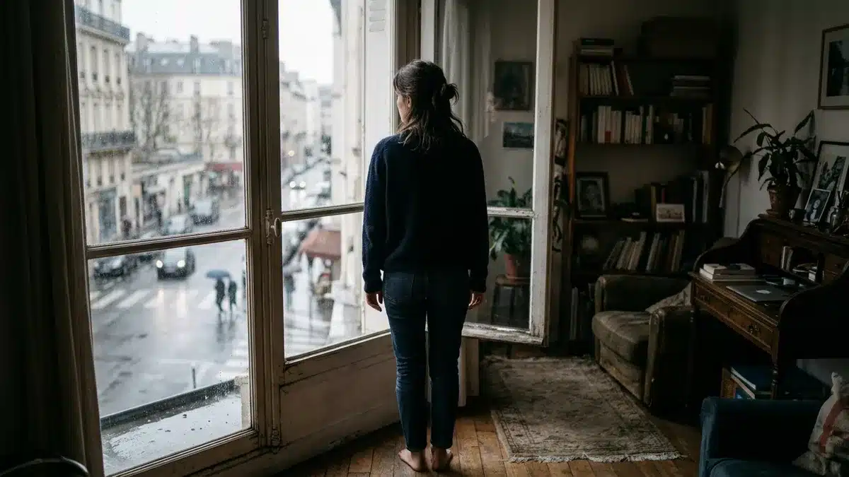Femme regardant pensivement par une fenêtre, illustrant le retrait social lié à la dysmorphophobie