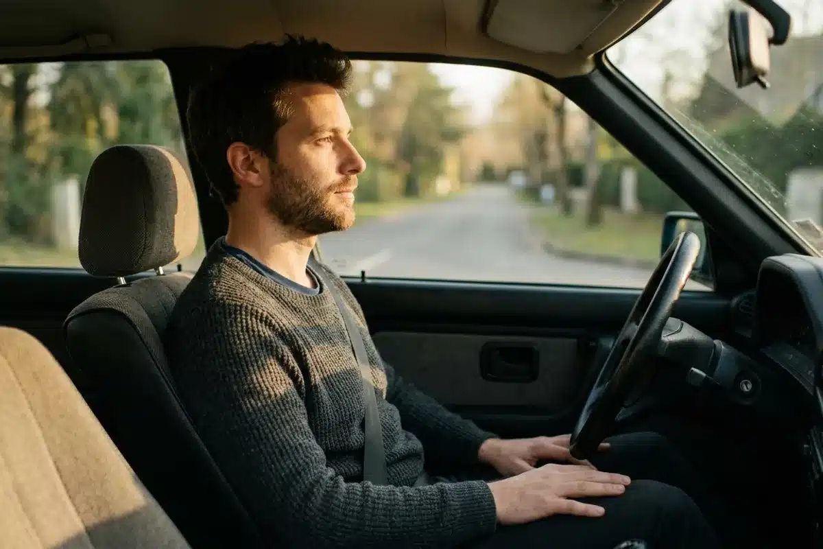 Exercice de respiration contre l amaxophobie avant de conduire Homme calme pratiquant un exercice de respiration dans sa voiture a l arret