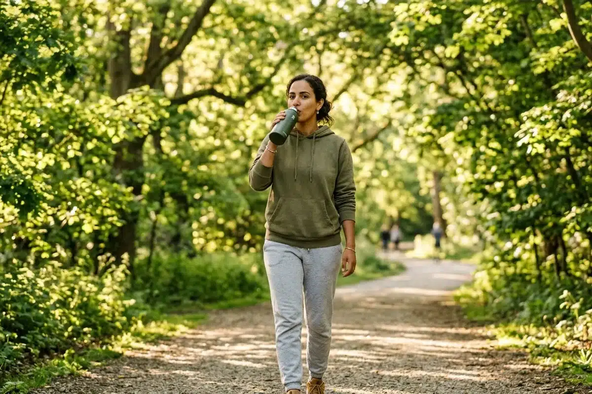 Jeune femme buvant de l'eau sur un chemin de parc, illustrant les précautions simples recommandées après une séance d'hypnose