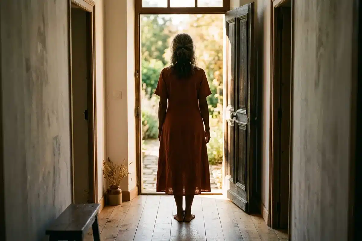 Femme face à une porte ouverte, symbolisant le choix d'une prise en charge en hypnose Silhouette femme face à une porte ouverte, franchir le pas de l'hypnothérapie