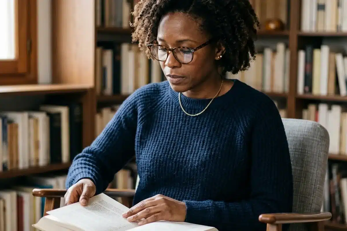 Femme consultant des études sur l'hypnose et la fibromyalgie Femme consultant des études sur l'hypnose et la fibromyalgie