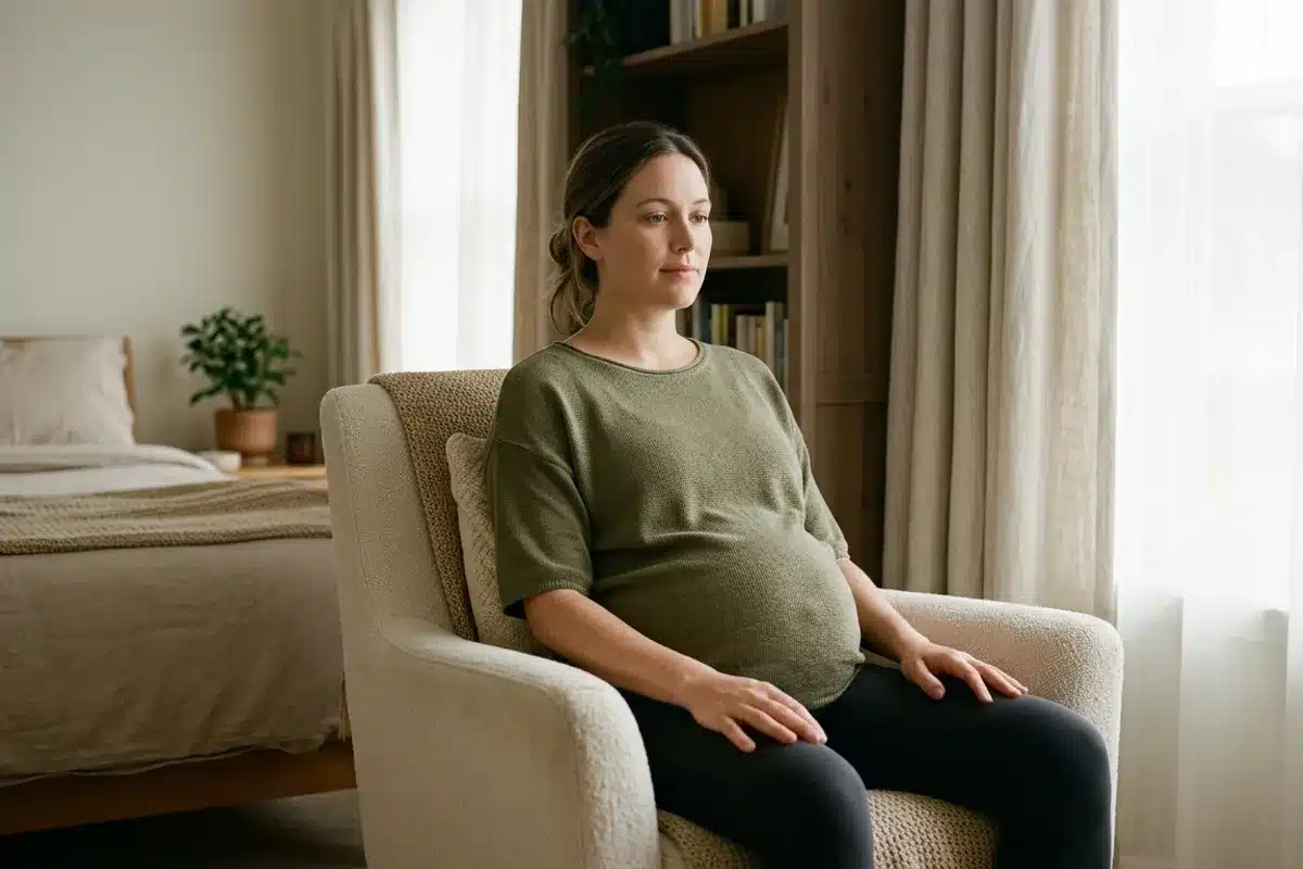 Femme enceinte assise dans un fauteuil, pratiquant une respiration calme et un exercice d'auto-hypnose dans une chambre lumineuse