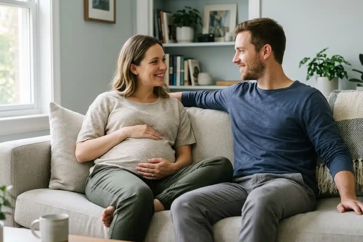 Couple assis sur un canapé, femme enceinte et son partenaire partageant un moment de complicité en préparation à la naissance