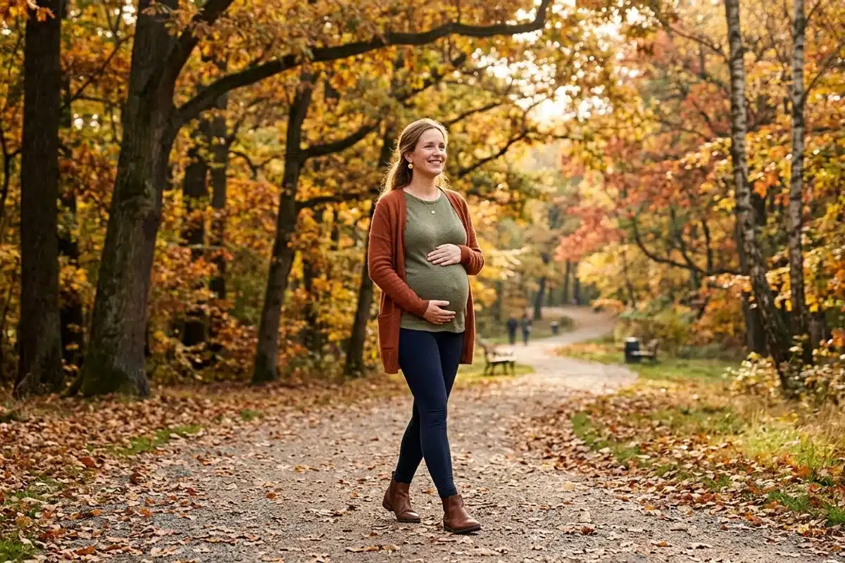 Femme enceinte se promenant sur un chemin de parc aux couleurs d'automne, expression détendue et sereine pendant sa grossesse