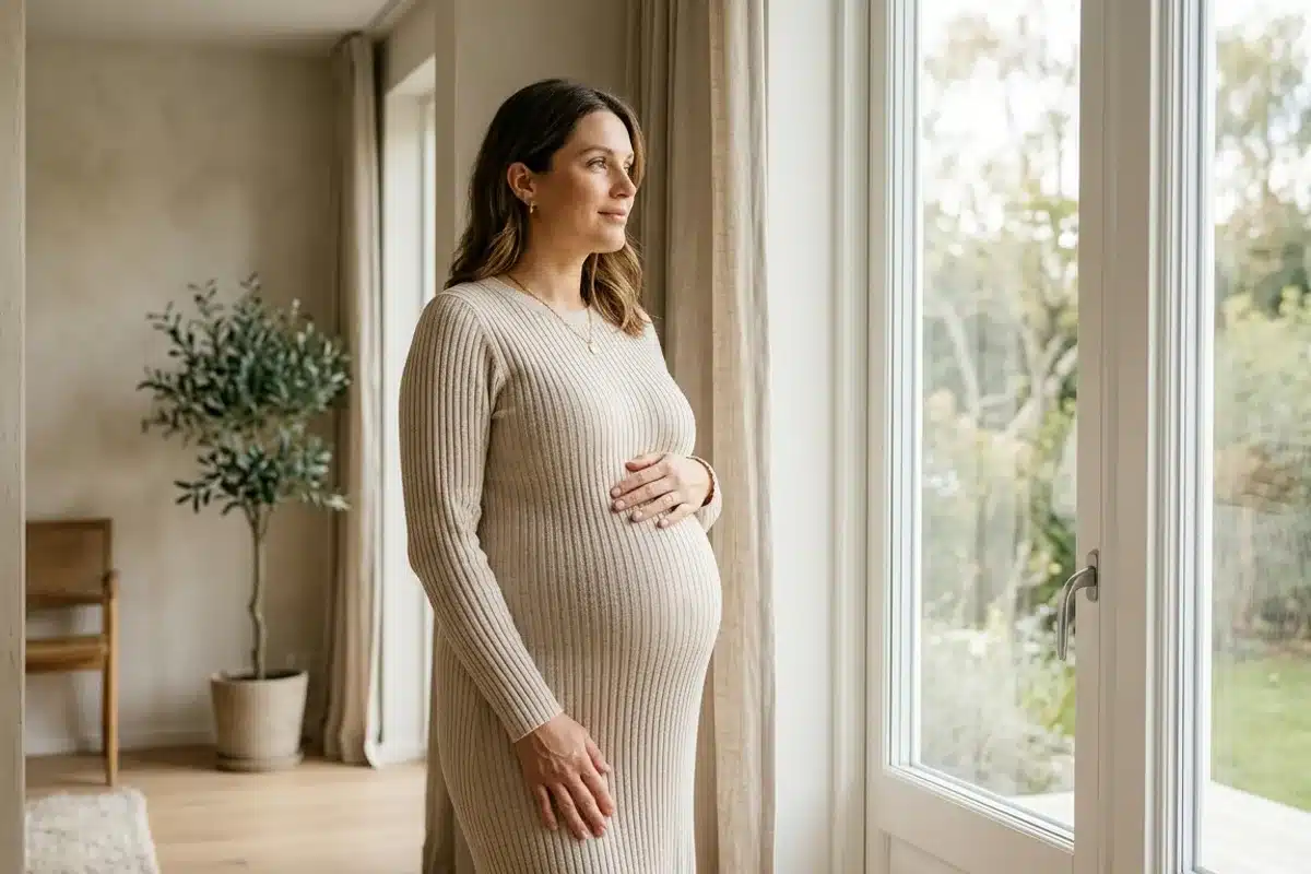 Femme enceinte au troisième trimestre, debout près d'une fenêtre lumineuse, tenant son ventre avec une expression calme et contemplative