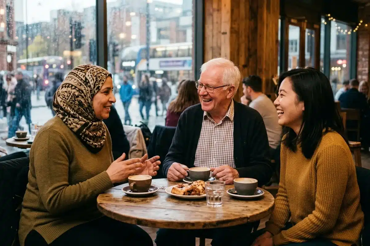 Trois personnes de profils diversifiés discutant autour d'un café, illustration des questions fréquentes sur l'hypnose thérapeutique