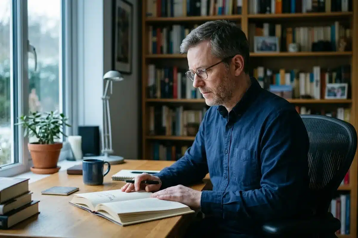 Homme concentré lisant un ouvrage à son bureau, illustrant la recherche d'information sur les mythes et réalités de l'hypnose