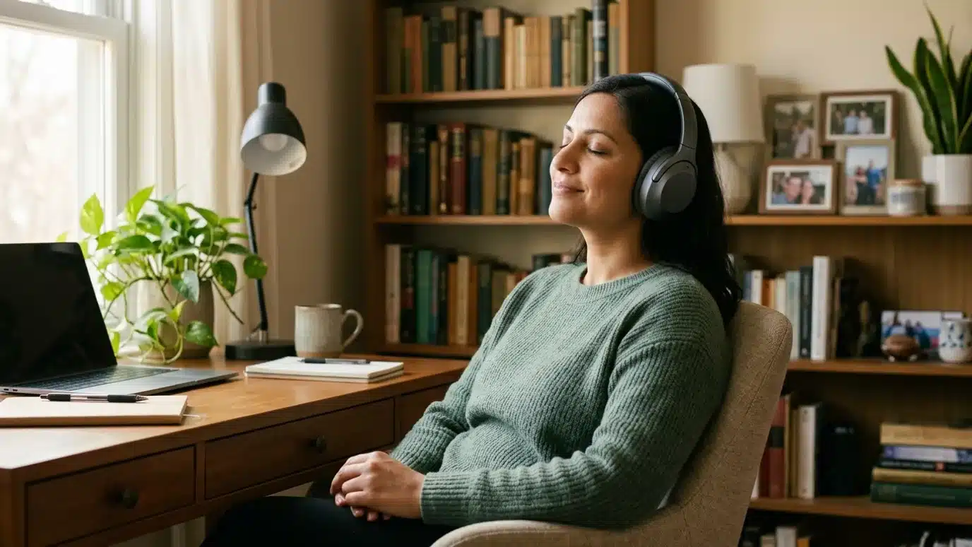 Personne en séance d’hypnose en ligne depuis son domicile avec casque