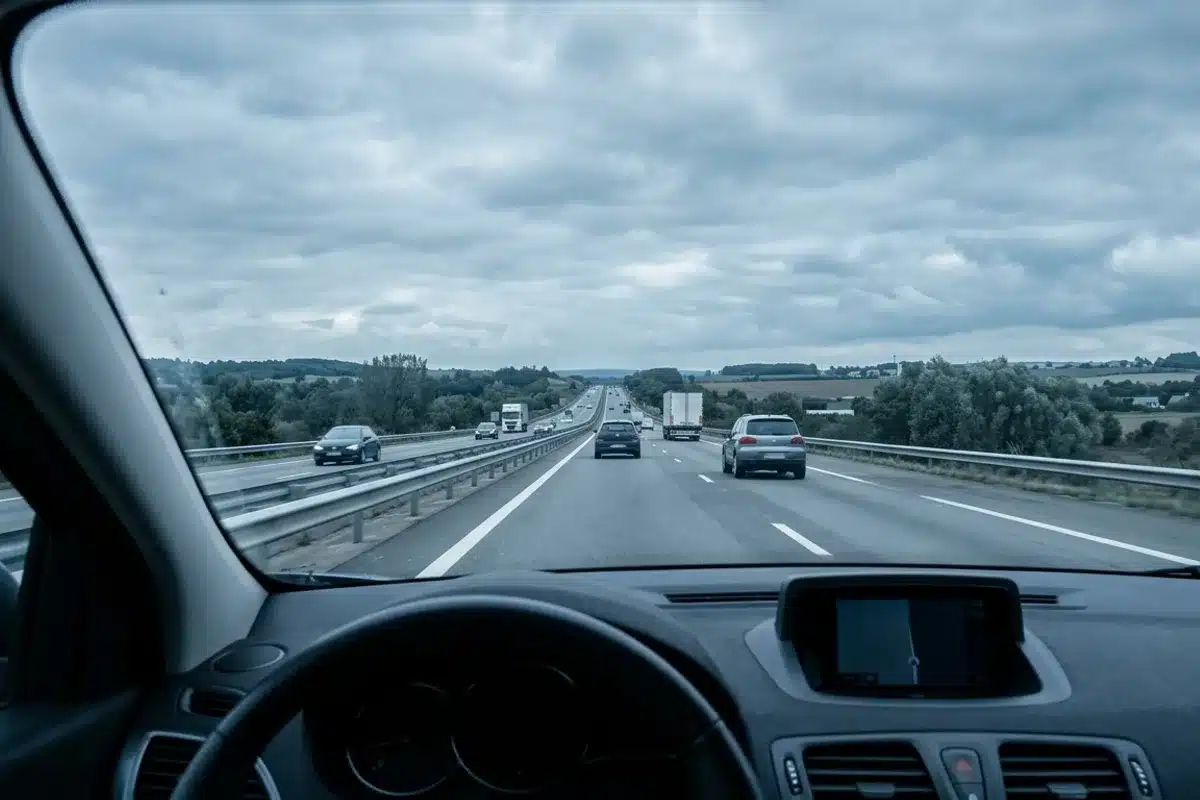 Peur de l autoroute et syndrome de l autoroute Vue depuis le siege conducteur sur une autoroute a deux voies sous un ciel nuageux