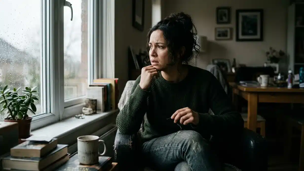 Femme assise près d'une fenêtre, visage anxieux, illustrant la souffrance d'une phobie
