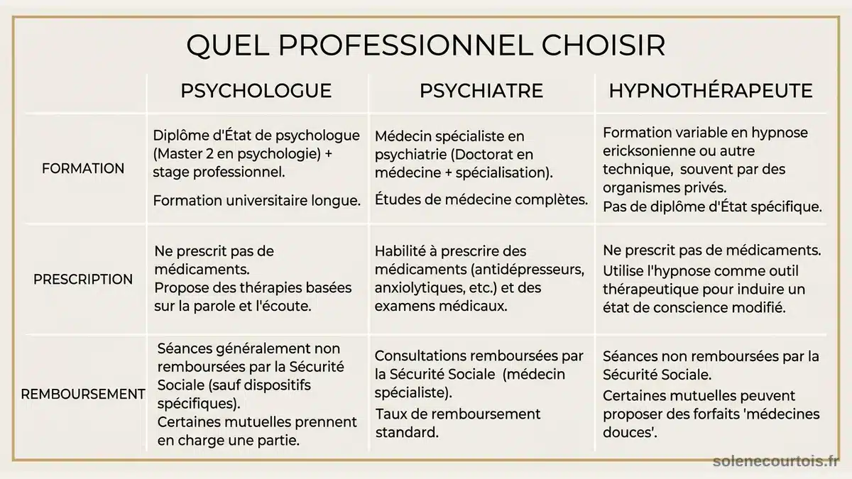 Comparaison psychologue psychiatre hypnothérapeute Infographie comparant les rôles du psychologue, psychiatre et hypnothérapeute selon la formation, la prescription et le remboursement